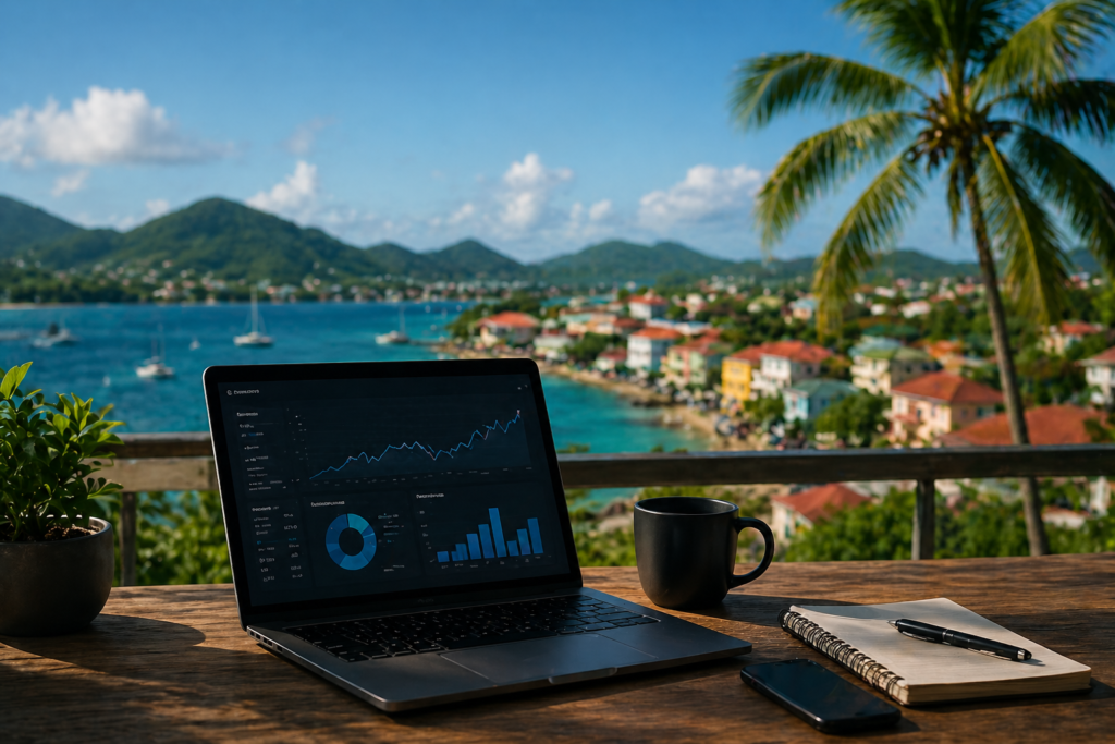 caribbean seo strategy workspace with laptop analytics and coastal business environment